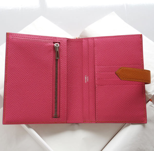 エルメスより 2つ折り財布 ベアンコンパクト アプリコット ローズ アザレ シルバーH Porte feuille Bearn COMPACT