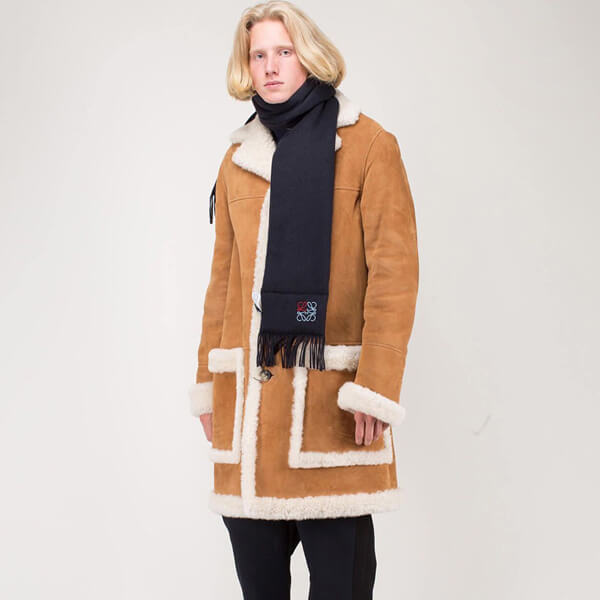 【ロエベ】アナグラム★パッド入り カシミヤ マフラー Navy Beige