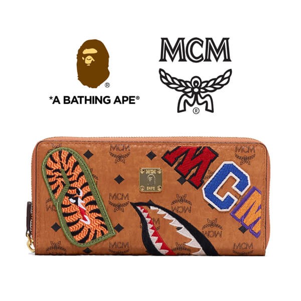 MCM x BAPE シャークジップアラウンド ウォレット コニャック偽物