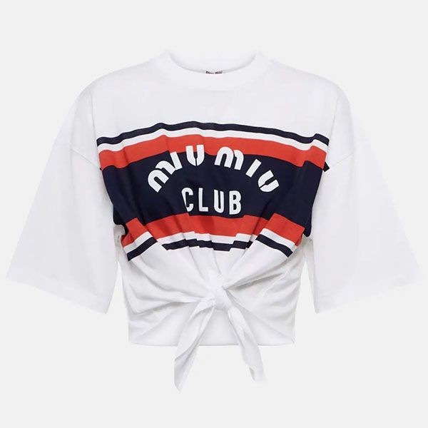 送料無料ミュウミュウ コットンジャージー クロップドヘム半袖Tシャツ 偽物 w23052002