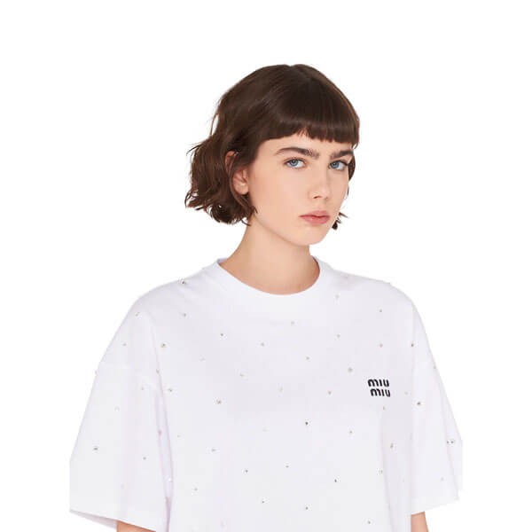 ミュウミュウ tシャツ 偽物 ロゴ コットン Tシャツ MJN385 11EA F0009