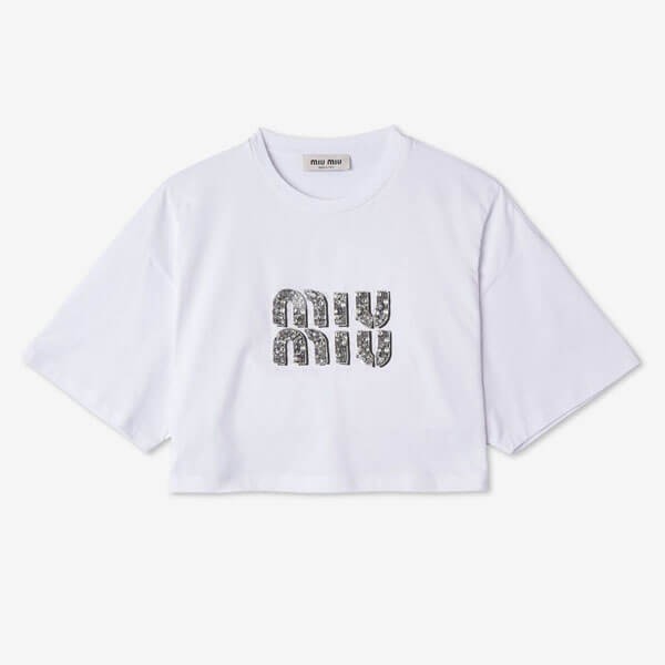 ミュウミュウ ラインストーン ロゴ コットン Tシャツ 偽物 スーパーコピー