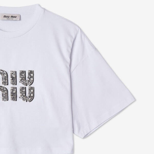 ミュウミュウ ラインストーン ロゴ コットン Tシャツ 偽物 スーパーコピー