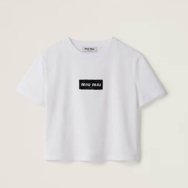 ミュウミュウ ロゴパッチ コットン ジャージー Tシャツ 偽物 MJN49514ATF0009