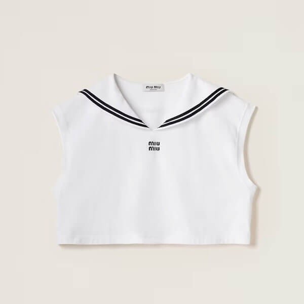 ミュウミュウ 刺繍ロゴ入り コットンジャージー 偽物 トップ MJT689_14EM_F0009_S_OOO
