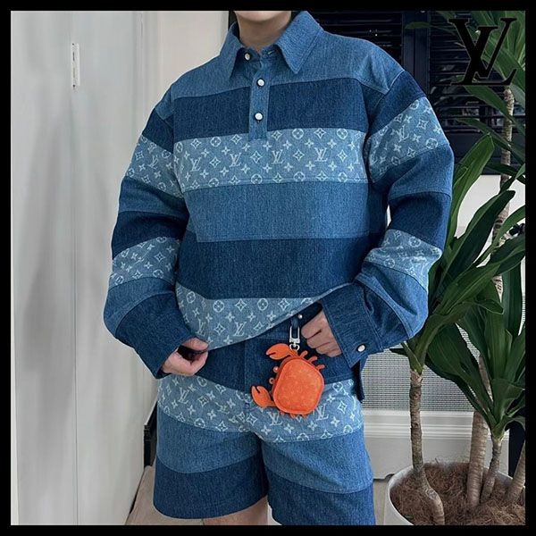 ルイヴィトン パッチワークロングスリーブデニムポロシャツ 1AFQBT