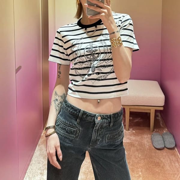 ルイヴィトン Tシャツ パロディ 半袖 ストライプ クロップ丈 1AFMTI
