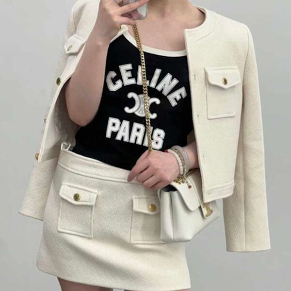 大人気 セリーヌ 偽物 CELINE PARIS トリオンフ プリント入り クロップド コットン タンクトップ