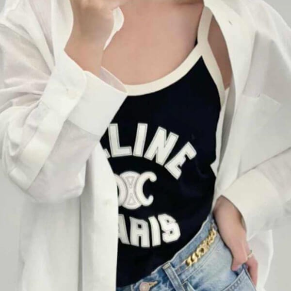 大人気 セリーヌ 偽物 CELINE PARIS トリオンフ プリント入り クロップド コットン タンクトップ