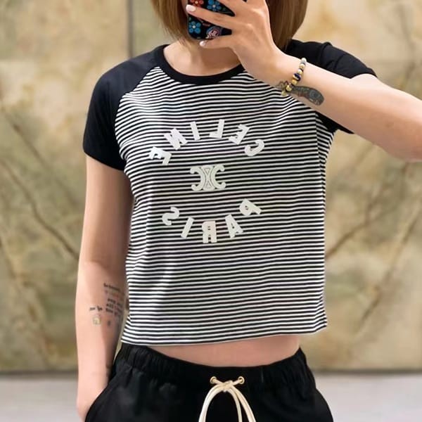 セリーヌ トリオンフ ストライプ コットン Tシャツ 偽物 2X48N615Z.38BY