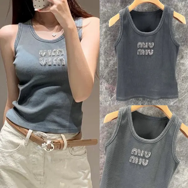 おすすめミュウミュウ タンクトップ 激安 ロゴ刺繍入り グレー MJT700