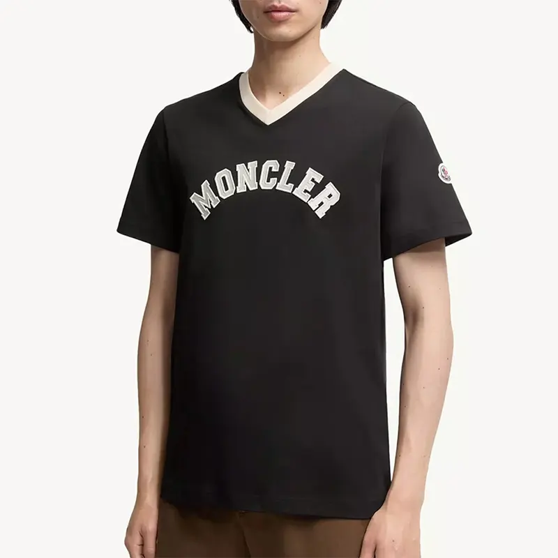 モンクレール ロゴ コットンピケ Vネック Tシャツ レプリカ 2色 mk20250805